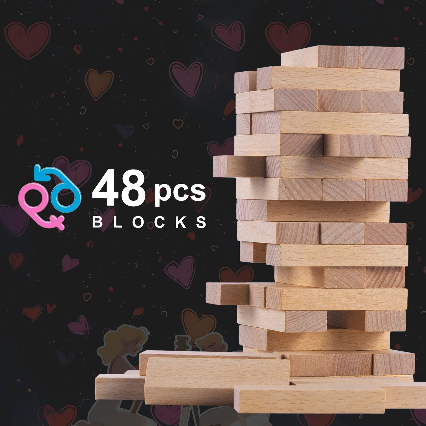 Fun Stacking Block Tower Game, Romantic Couples' Game Wooden Toy for Date Night-48pcs